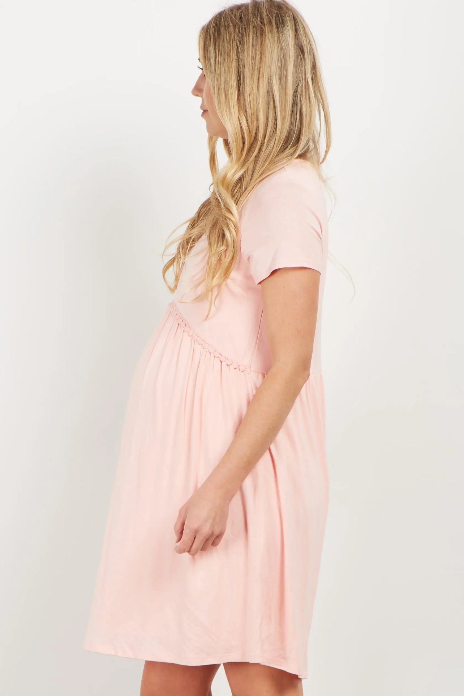 PinkBlush Pink Solid Crochet Trim Maternity Shift Dress PinkBlush 