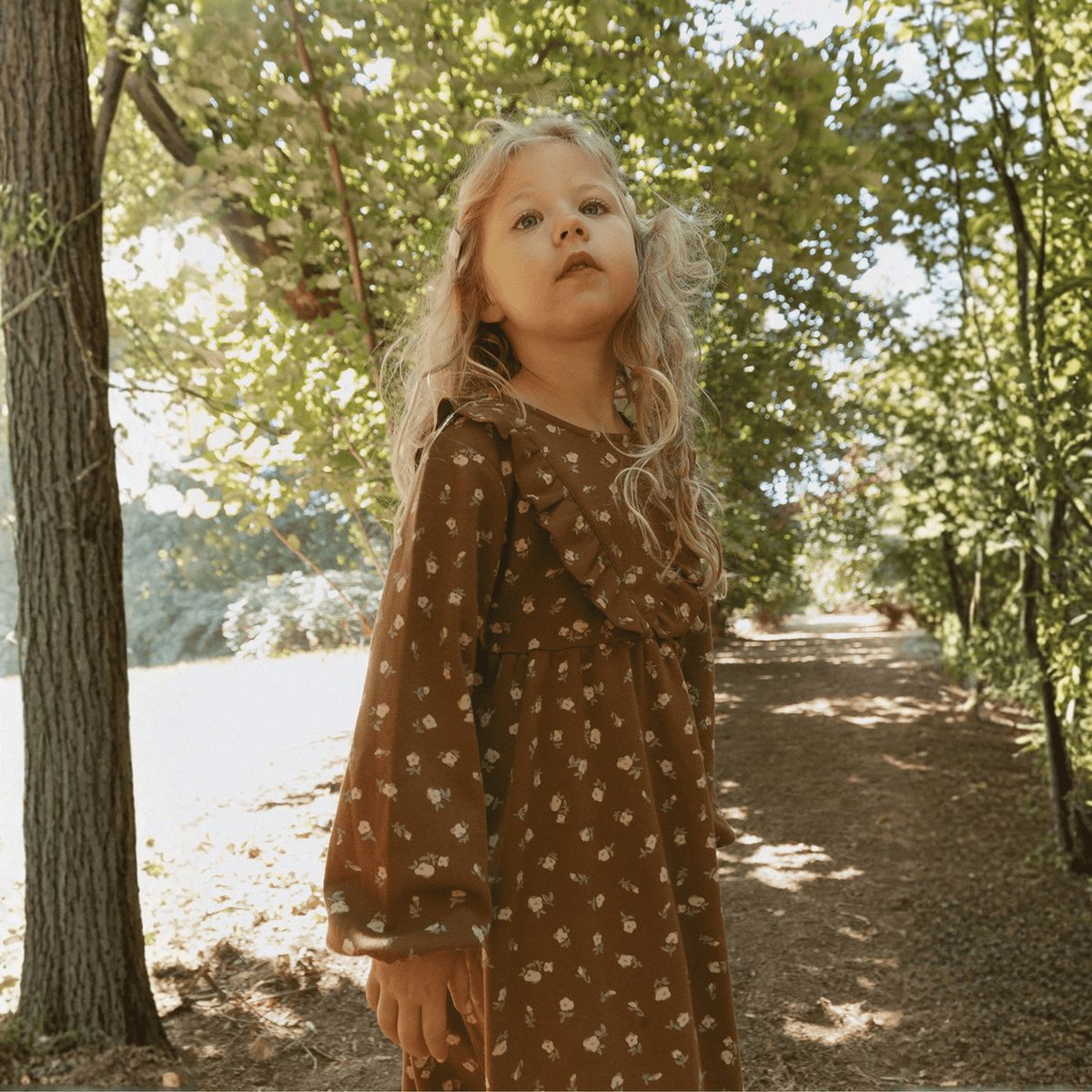 Long sleeve girls dress in Primrose print with ruffle detail and V-neckline