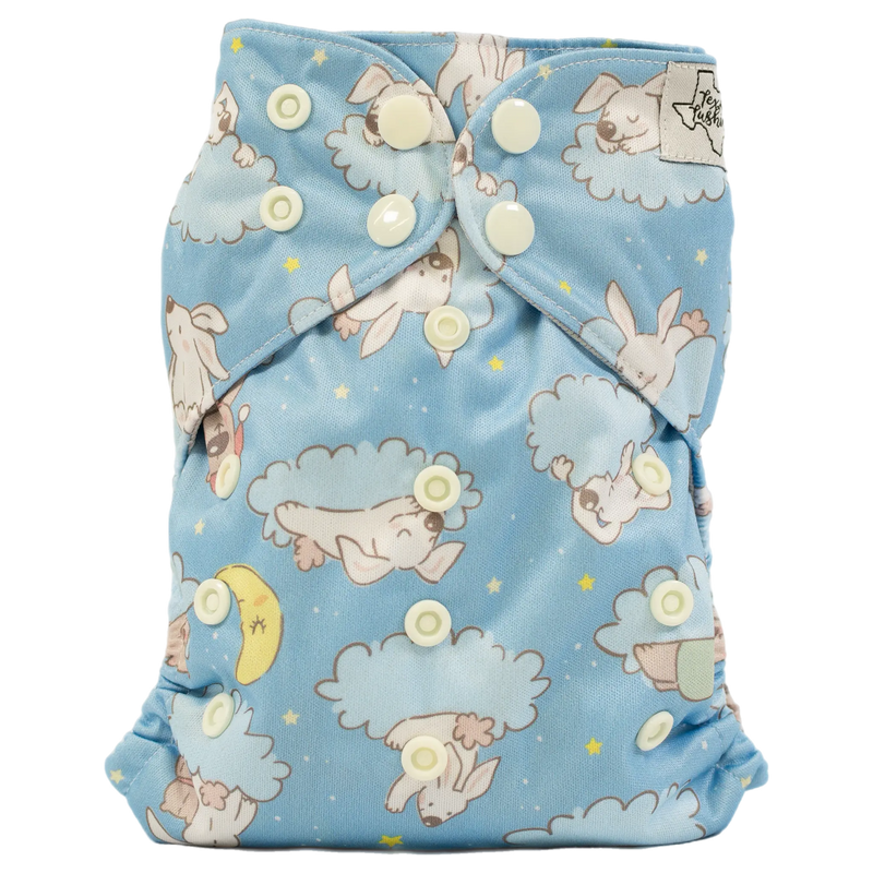 Slim Fit AIO Cloth Diaper with bunny cloud print, showing adjustable snaps for a secure fit.