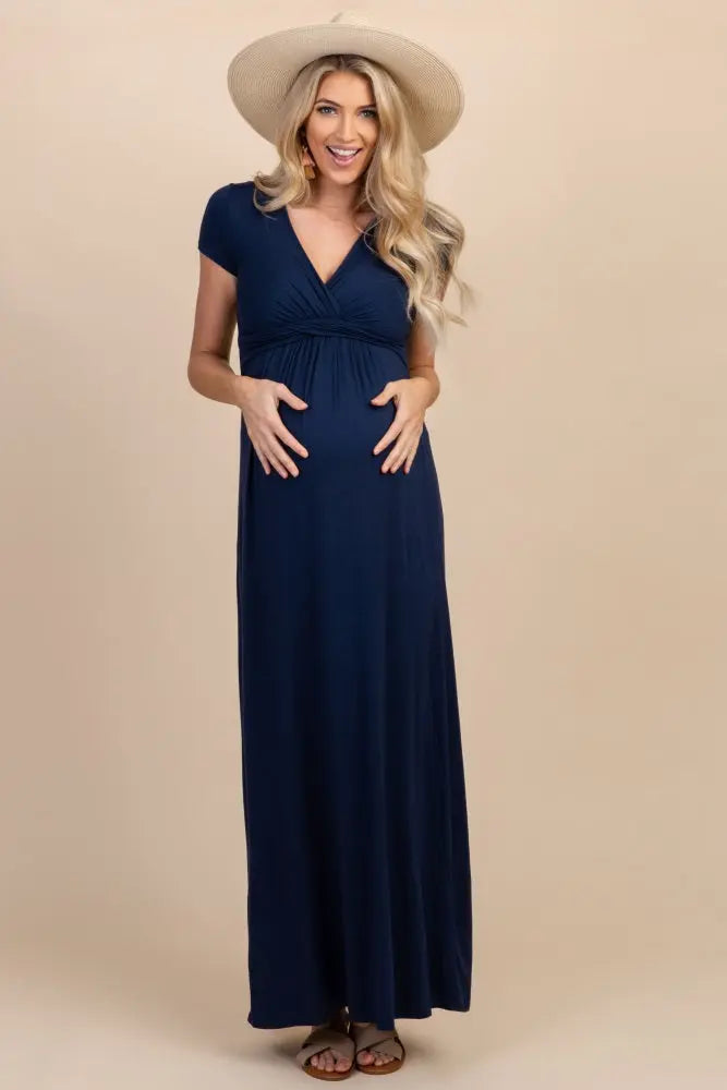 PinkBlush Petite Navy Draped Maternity/Nursing Maxi Dress PinkBlush 