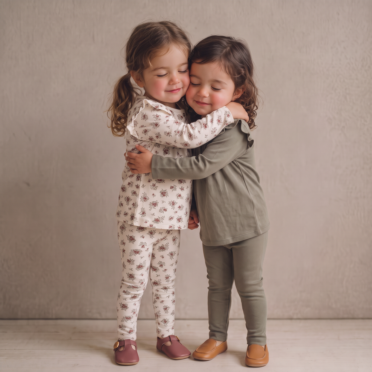 Two pairs of baby leggings, one winter berry red and one olive green