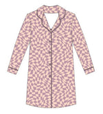 Girl's sleep gown in plum and cream wavy checkered print with long hem for bedtime.