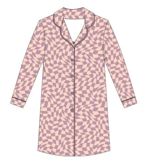 Girl's sleep gown in plum and cream wavy checkered print with long hem for bedtime.