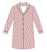 Girl's long sleep gown in plum and cream wavy checkerboard print