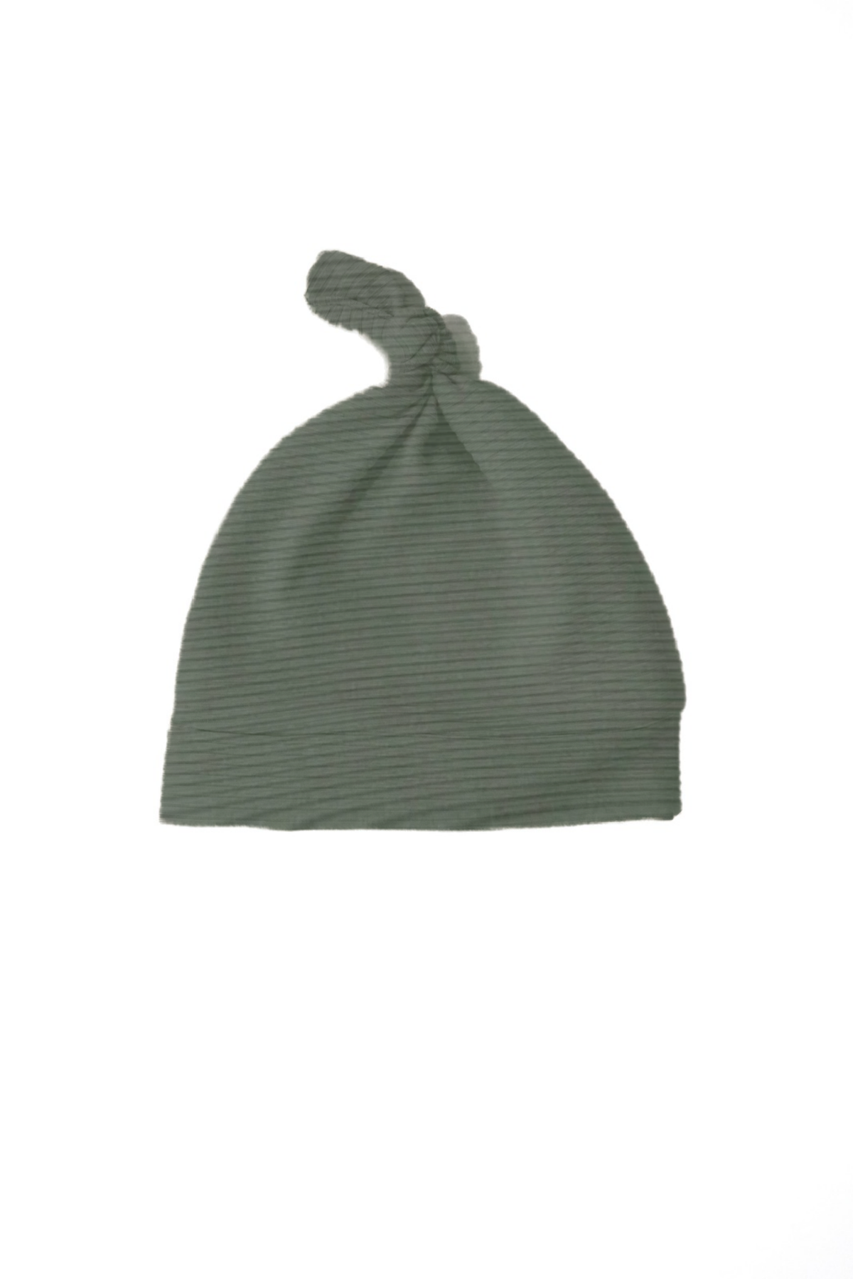 Close-up of a moss green ribbed knit newborn baby knot hat from Little Mae & Co, tied at the top.