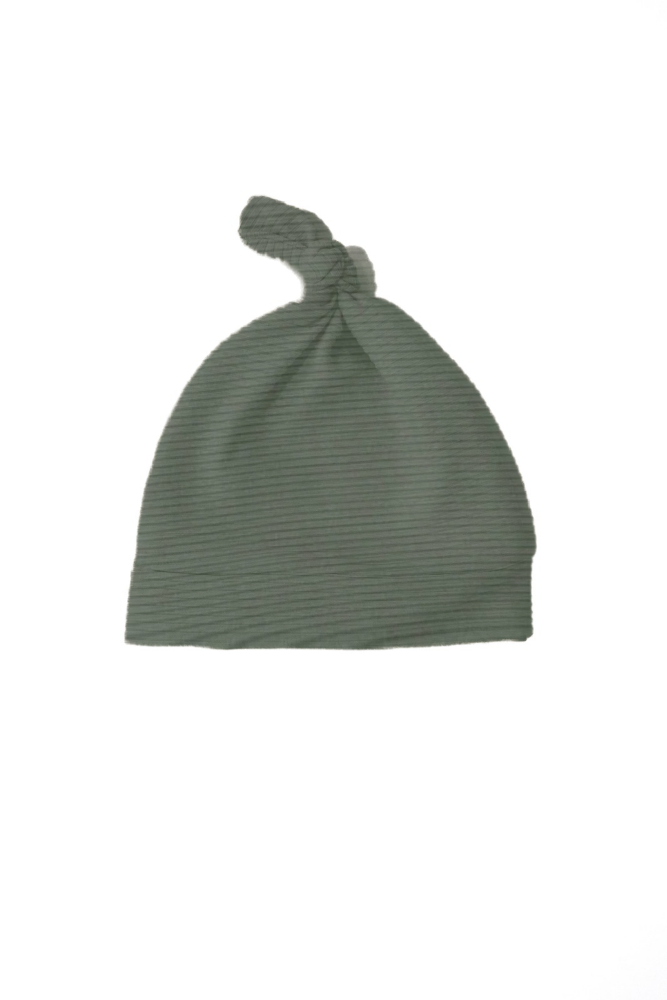 Close-up of a moss green ribbed knit newborn baby knot hat from Little Mae & Co, tied at the top.