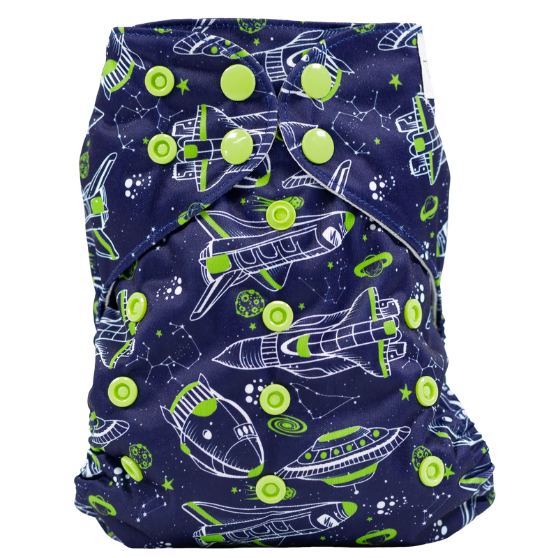 Slim Fit Pocket Cloth Diaper with space-themed design and green snaps