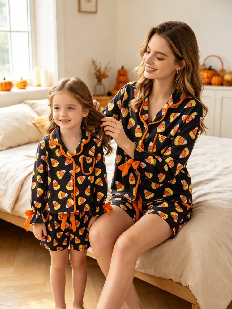 Halloween Candy Corn Mommy and Me Pajama Set Matching Lounge Set by Rylee Faith Designs