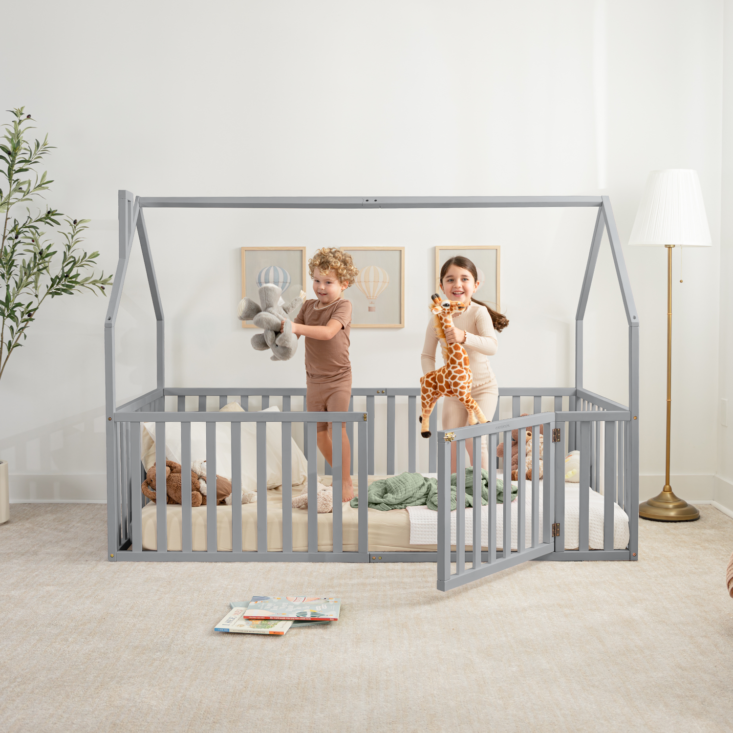 Kids House Gated Floor Bed Twin Size for Children Aged 5+, Grey