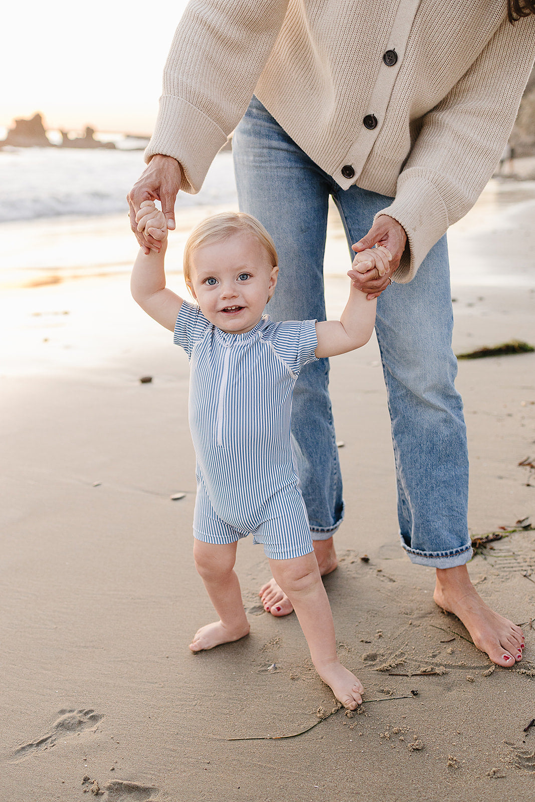 Mebie Baby organic blue stripe zipper swimsuit