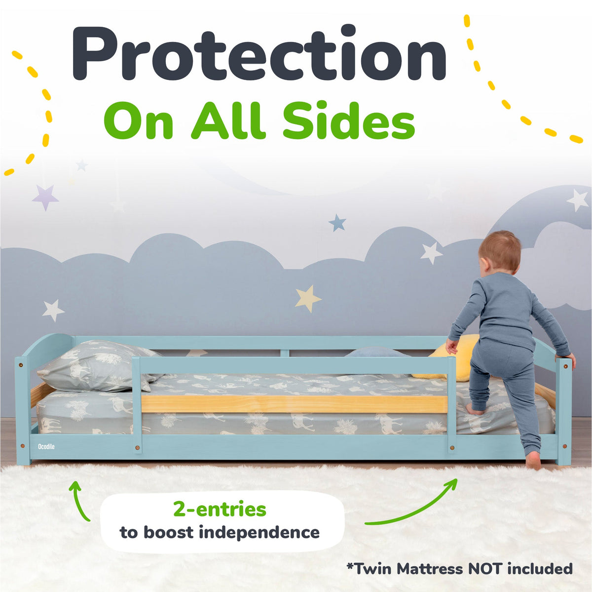 Twin Size Montessori-Inspired Floor Bed with Safety Guardrails for Kids by Ocodile.com