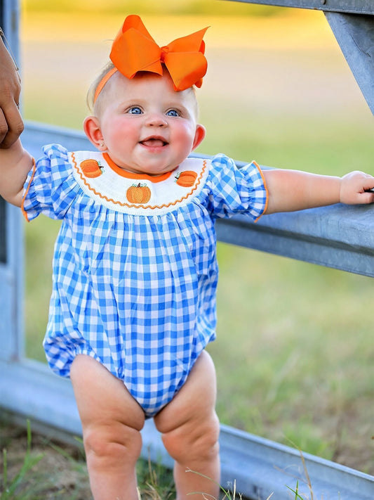 Halloween Blue Girls Woven Smocked Embroidered Plaid Romper Rylee Faith Designs Everetts Place: Online Boutique