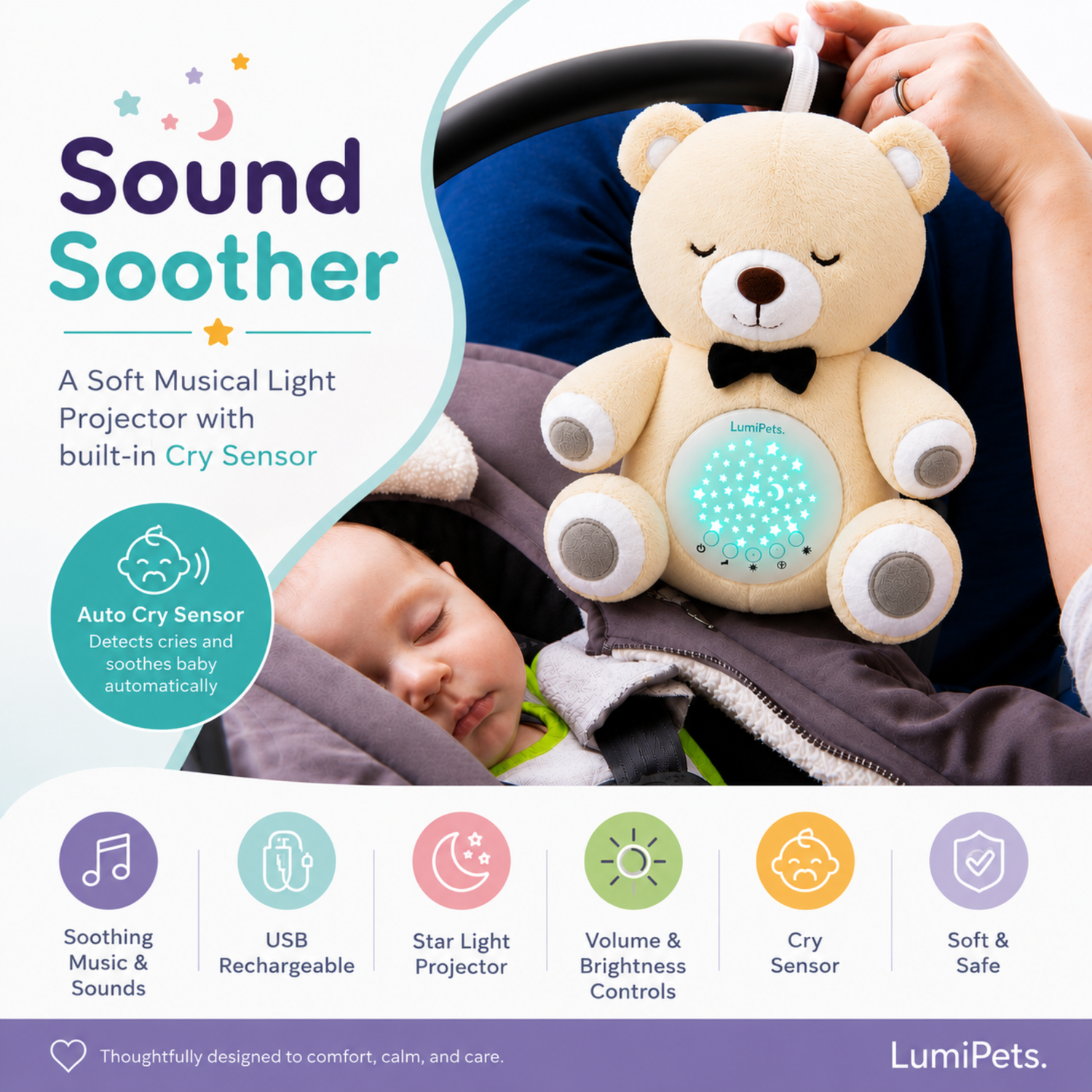 Lumipets Bear with Sound Nursery Night Light & Sound Soother for Babies by Lumieworld (view 2 of 9)