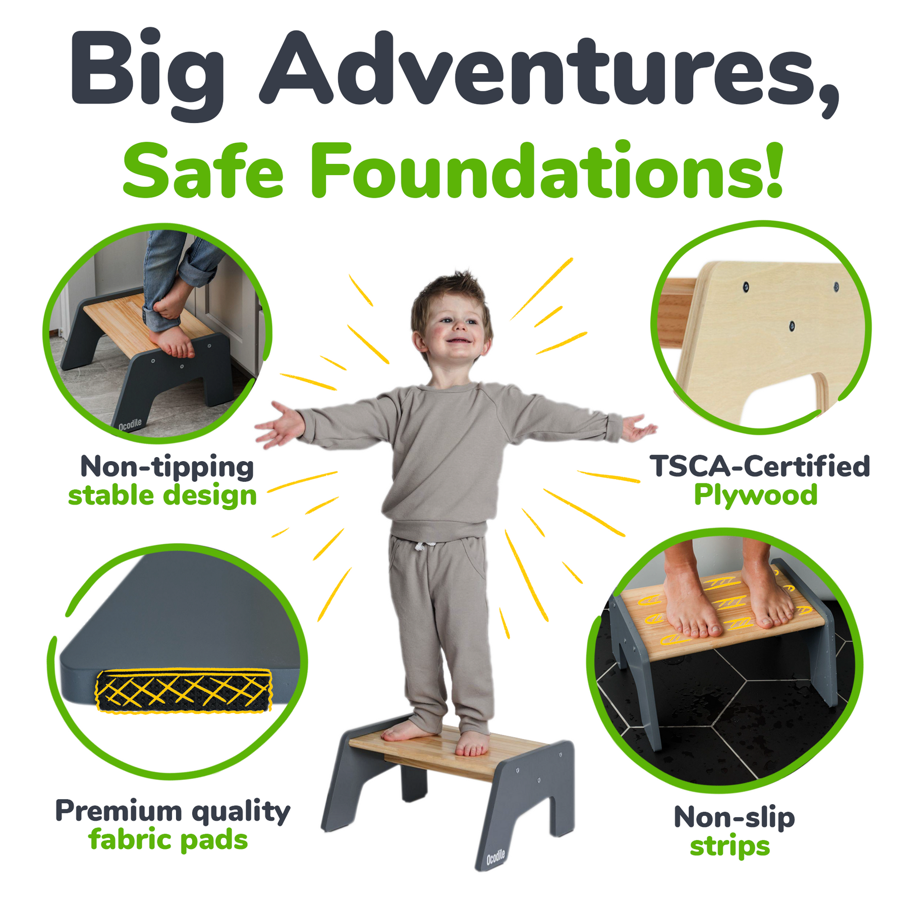Ocodile natural wood 1-step stool for kids.
