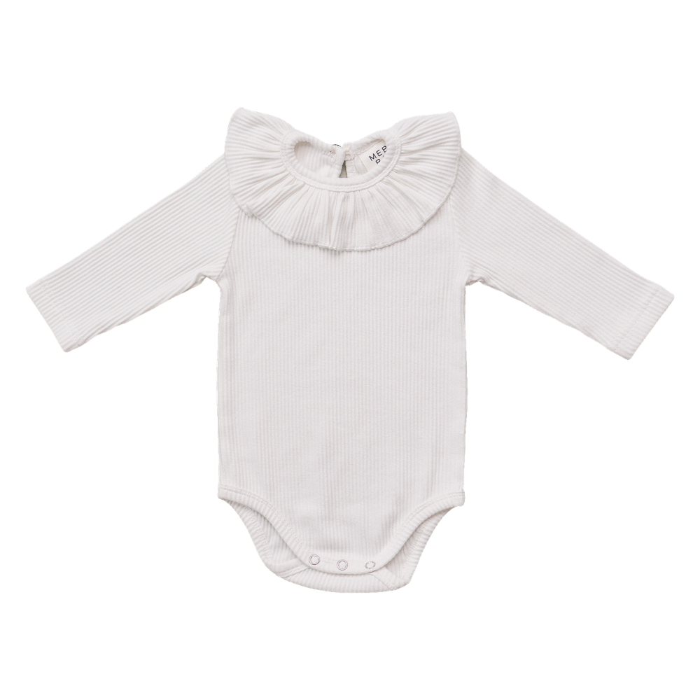 White ribbed baby bodysuit with a gathered ruffle collar and bottom snap closures.
