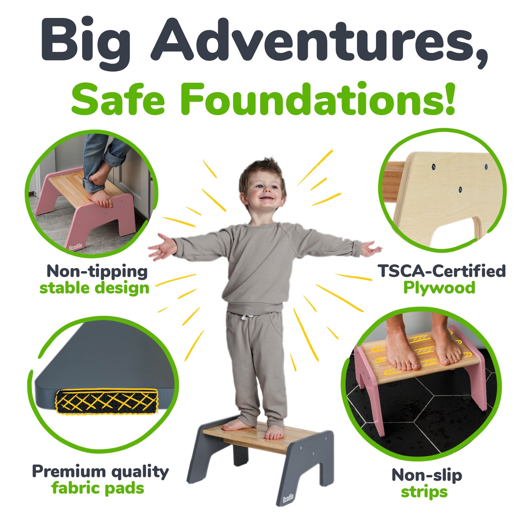 Ocodile 1-step wooden stool for kids, natural wood finish.