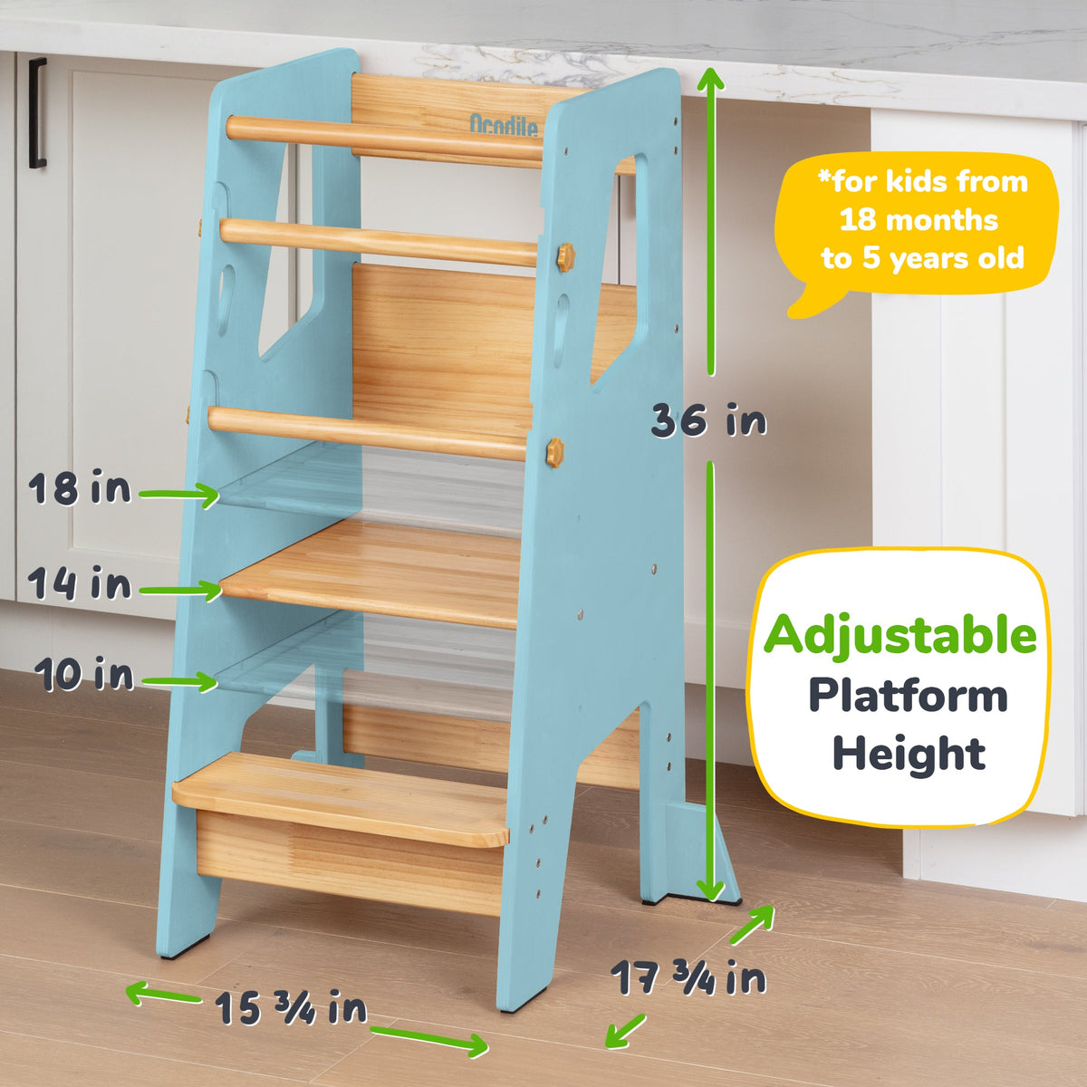 Ocodile adjustable toddler kitchen tower with safety bars