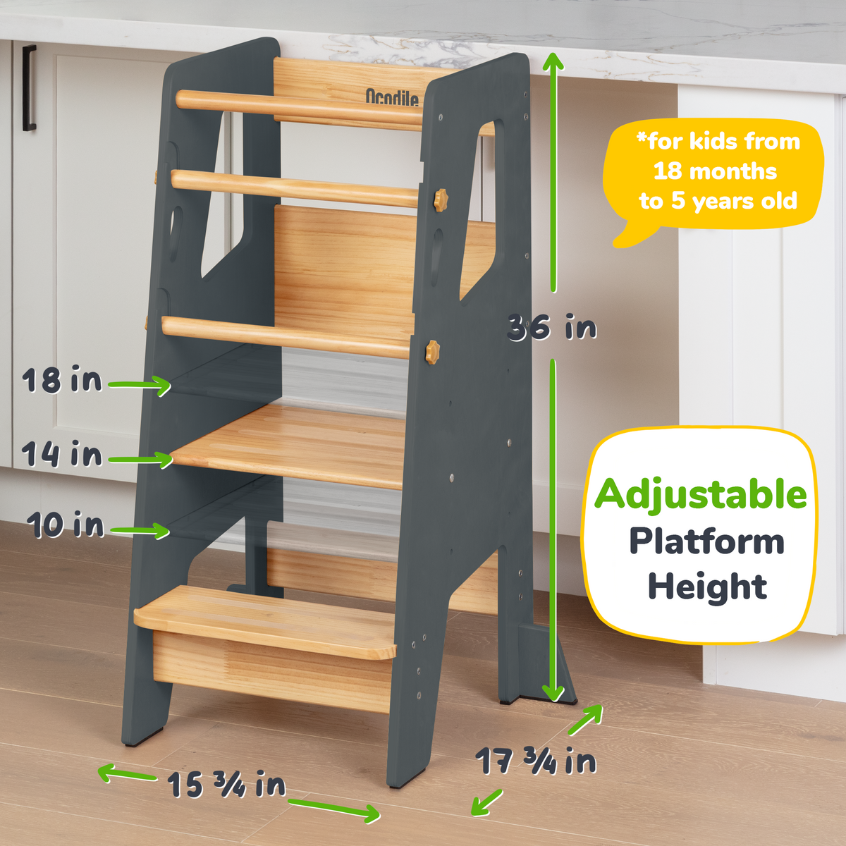 Ocodile natural wood adjustable toddler kitchen tower with safety bars.