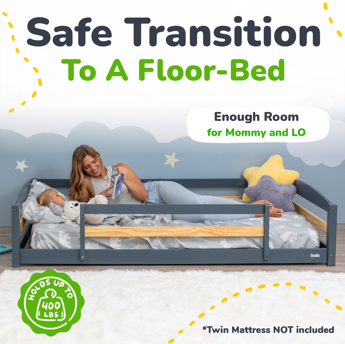 Twin Floor Bed with Safety Guardrails for Kids - Montessori Inspired by Ocodile.com at Everetts Place