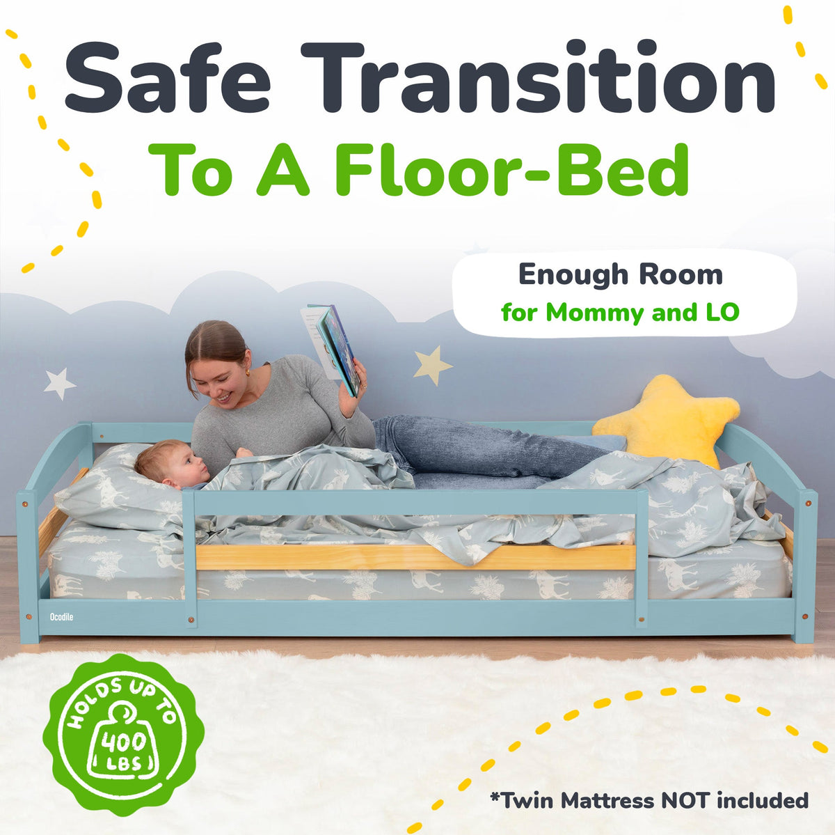 Twin Size Montessori-Inspired Floor Bed with Safety Guardrails for Kids by Ocodile.com
