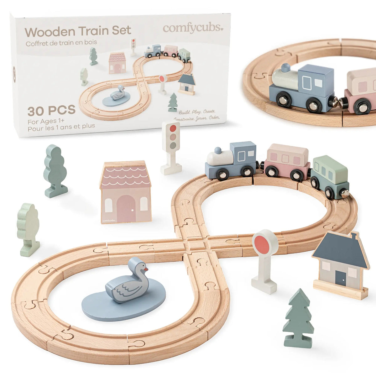 Comfy Cubs 30 - Piece Wooden Train Set for Toddlers Ages 1+ - 