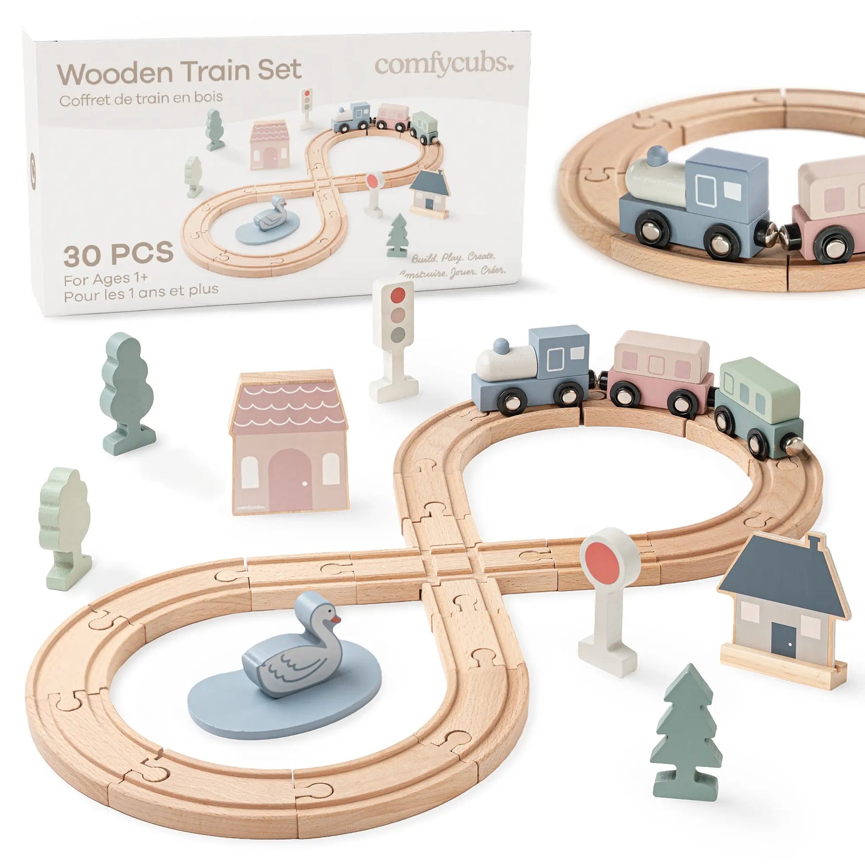 Comfy Cubs 30 - Piece Wooden Train Set for Toddlers Ages 1+ - 