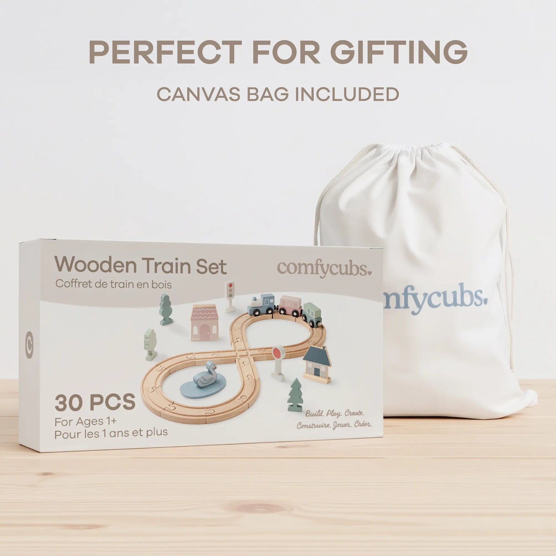 Comfy Cubs 30 - Piece Wooden Train Set for Toddlers Ages 1+ - 