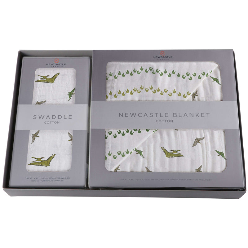 Pteranodon & Dino Feet Newcastle Blanket and Swaddle Gift Box Set made from 100% natural cotton muslin.