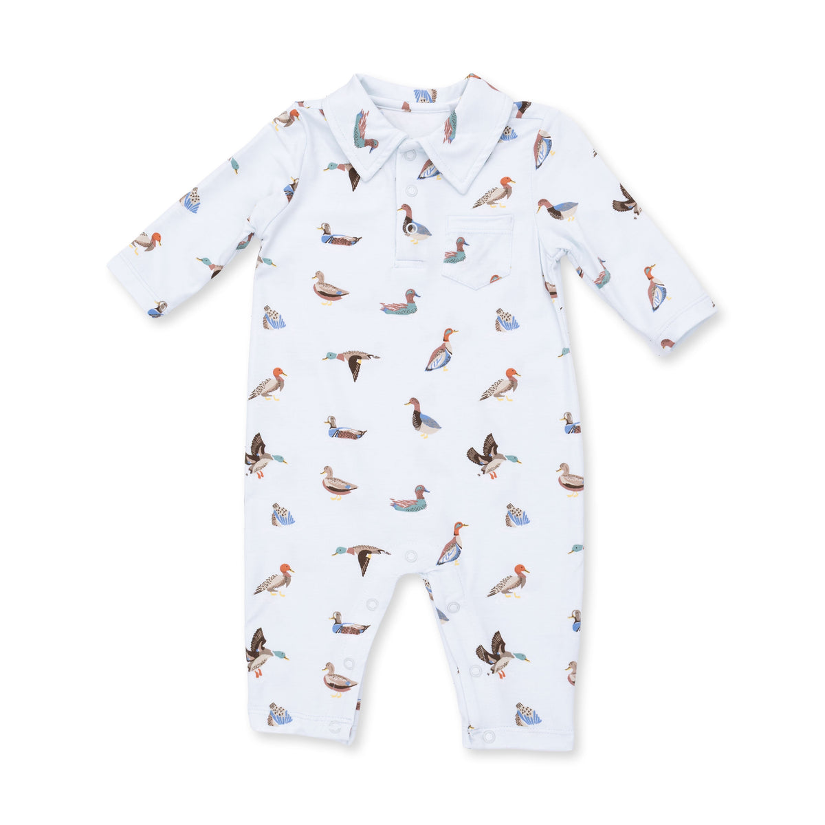 Baby polo romper with collar and all-over American ducks print, snap closures at the bottom