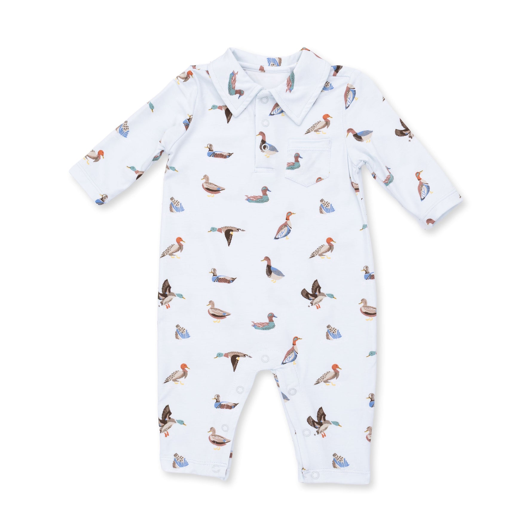 Baby polo romper with collar and all-over American ducks print, snap closures at the bottom