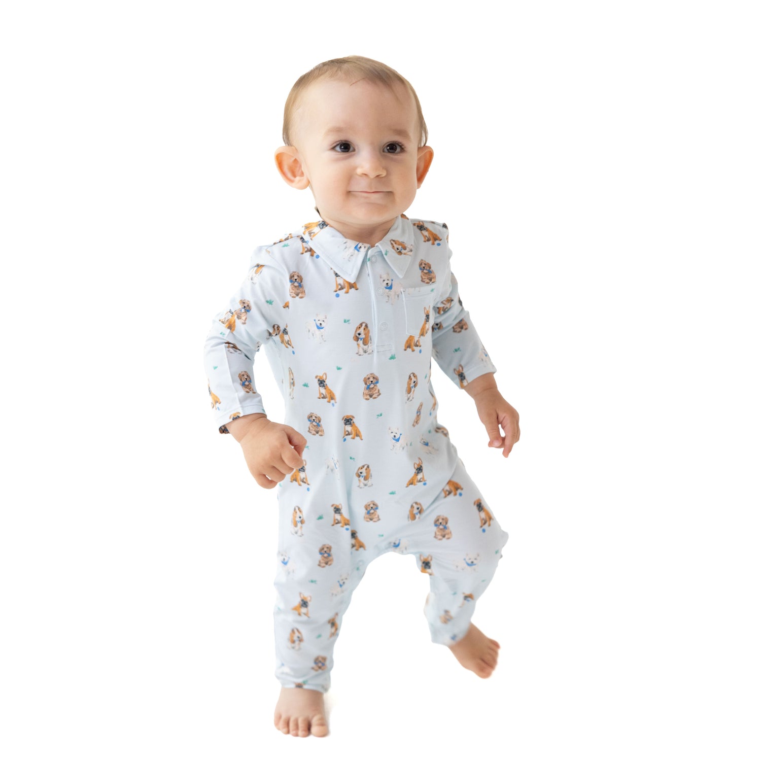 Viscose from Bamboo Polo Romper - Bestie Dogs Blue by Angel Dear (view 1 of 5)