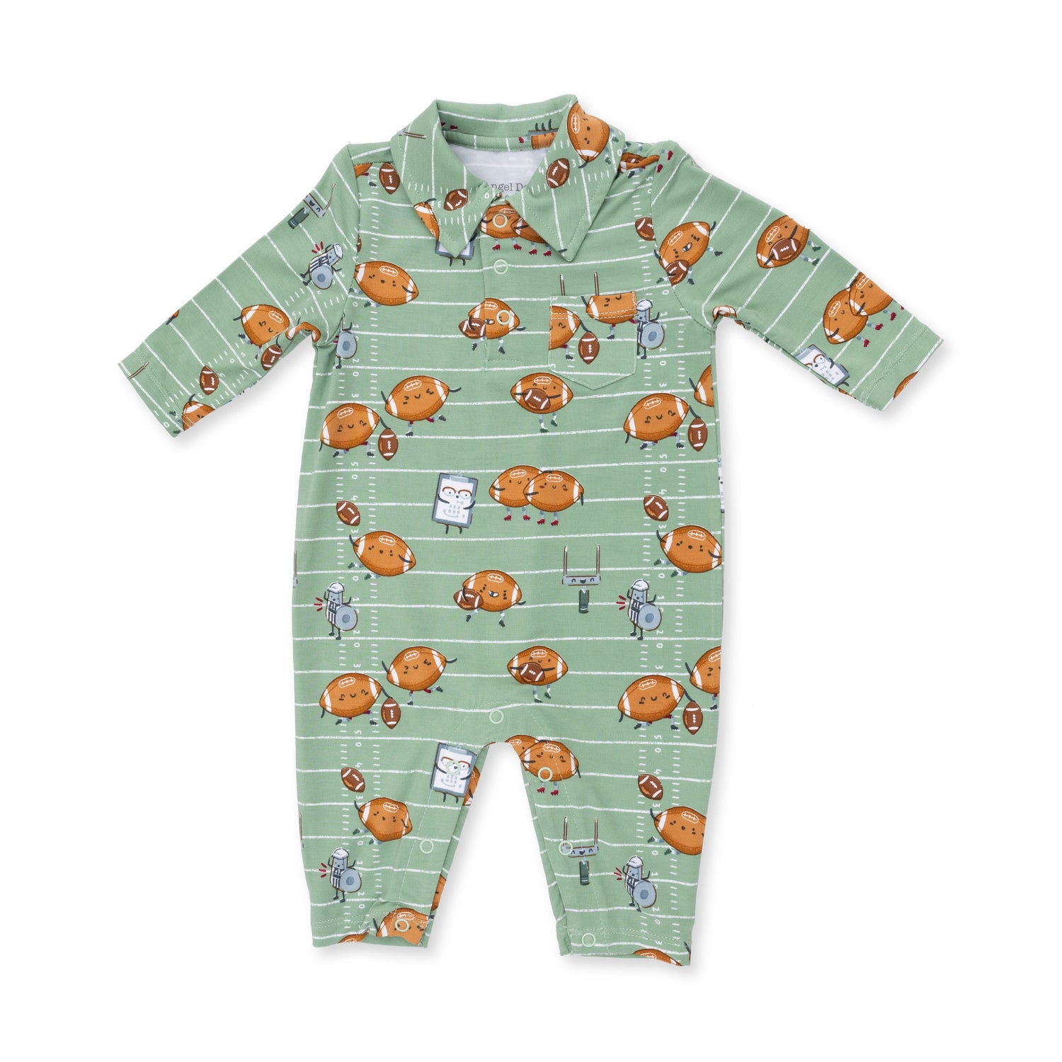 Baby polo romper with an allover print of footballs, featuring a classic collar and snap bottom closure.