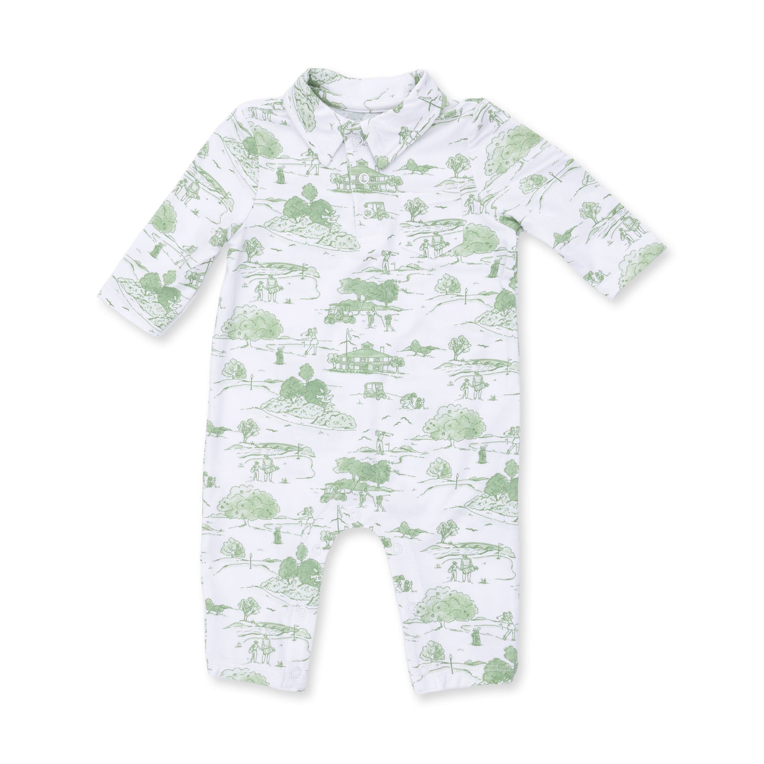 Baby polo romper in green golf toile print with a collared neckline and snap bottoms.