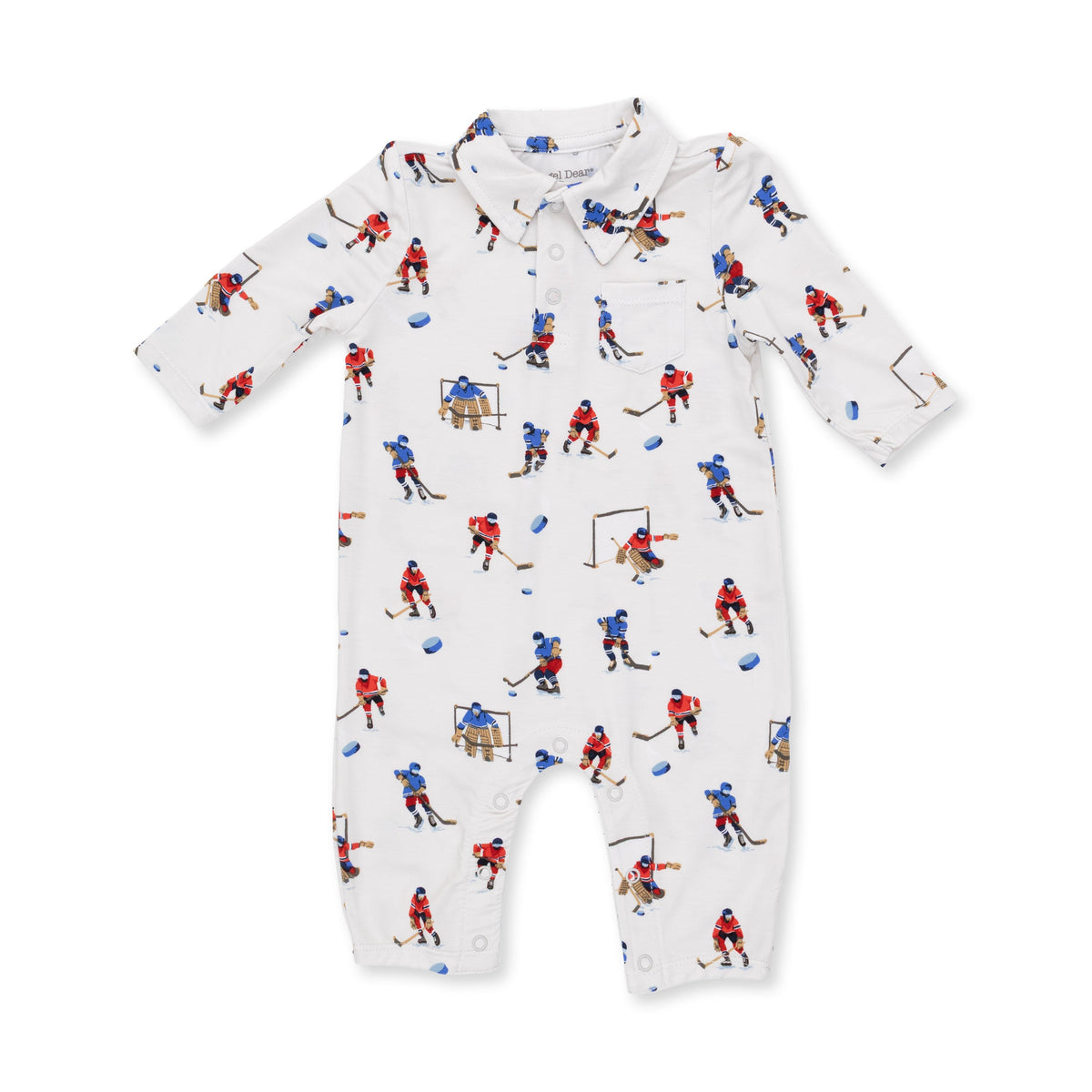 Baby polo romper with collar, snap bottom closure and an allover hockey players print