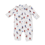 Baby polo romper with collar, snap bottom closure and an allover hockey players print