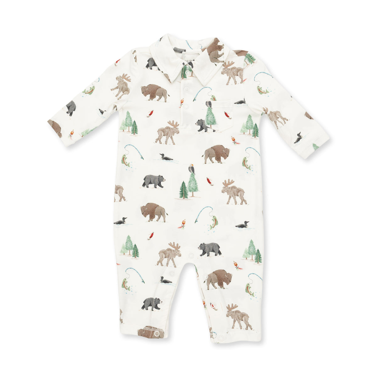 Baby polo romper with collar, snap bottom, and Northern Woodland Animals print