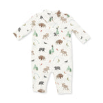 Baby polo romper with collar, snap bottom, and Northern Woodland Animals print