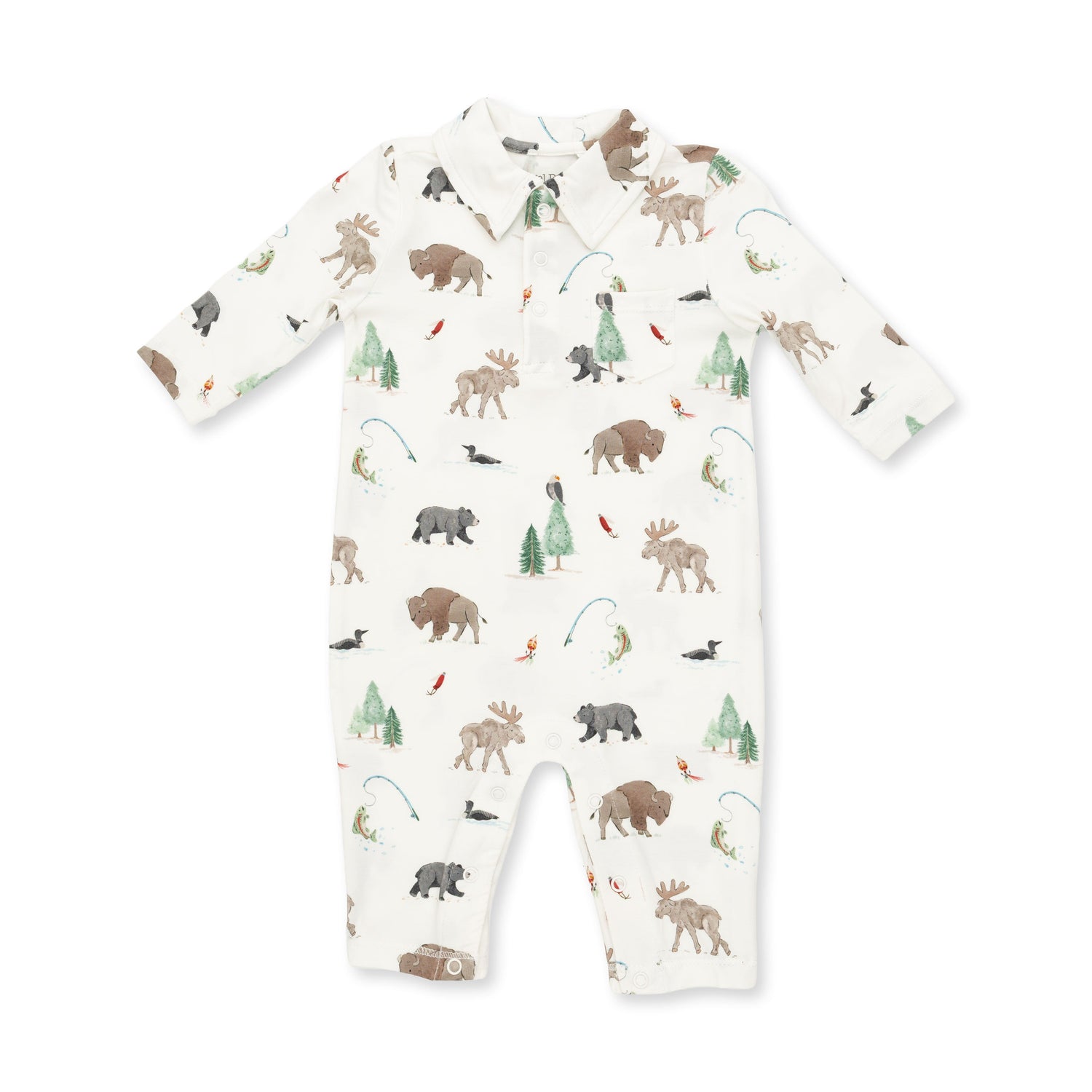 Baby polo romper with collar, snap bottom, and Northern Woodland Animals print