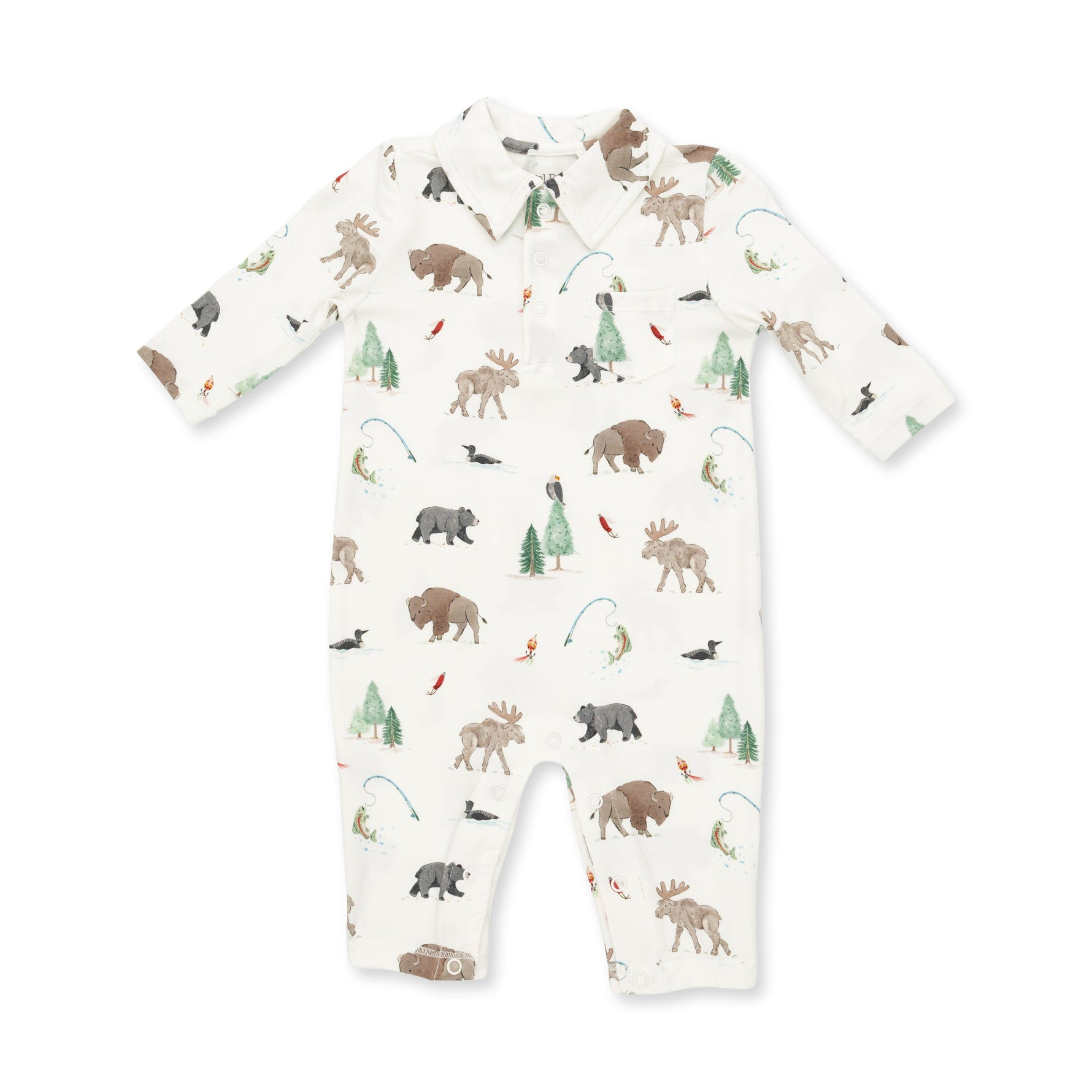 Baby polo romper with collar, snap bottom, and Northern Woodland Animals print