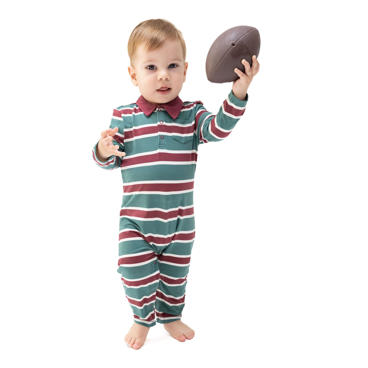 Green rugby stripe polo romper with collar and snap bottom for babies