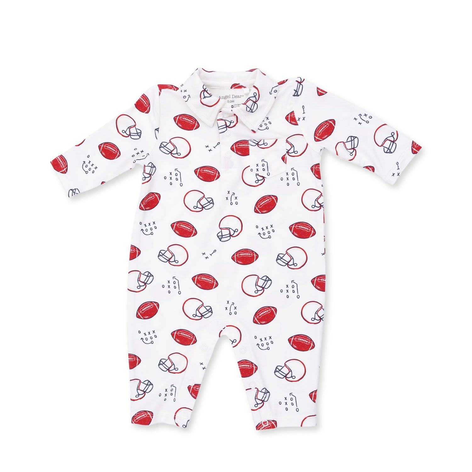 Polo romper with football-themed Touchdown Time print, collar, and snap-bottom closure