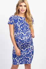 PinkBlush Blue Printed Short Sleeve Fitted Maternity Dress PinkBlush 