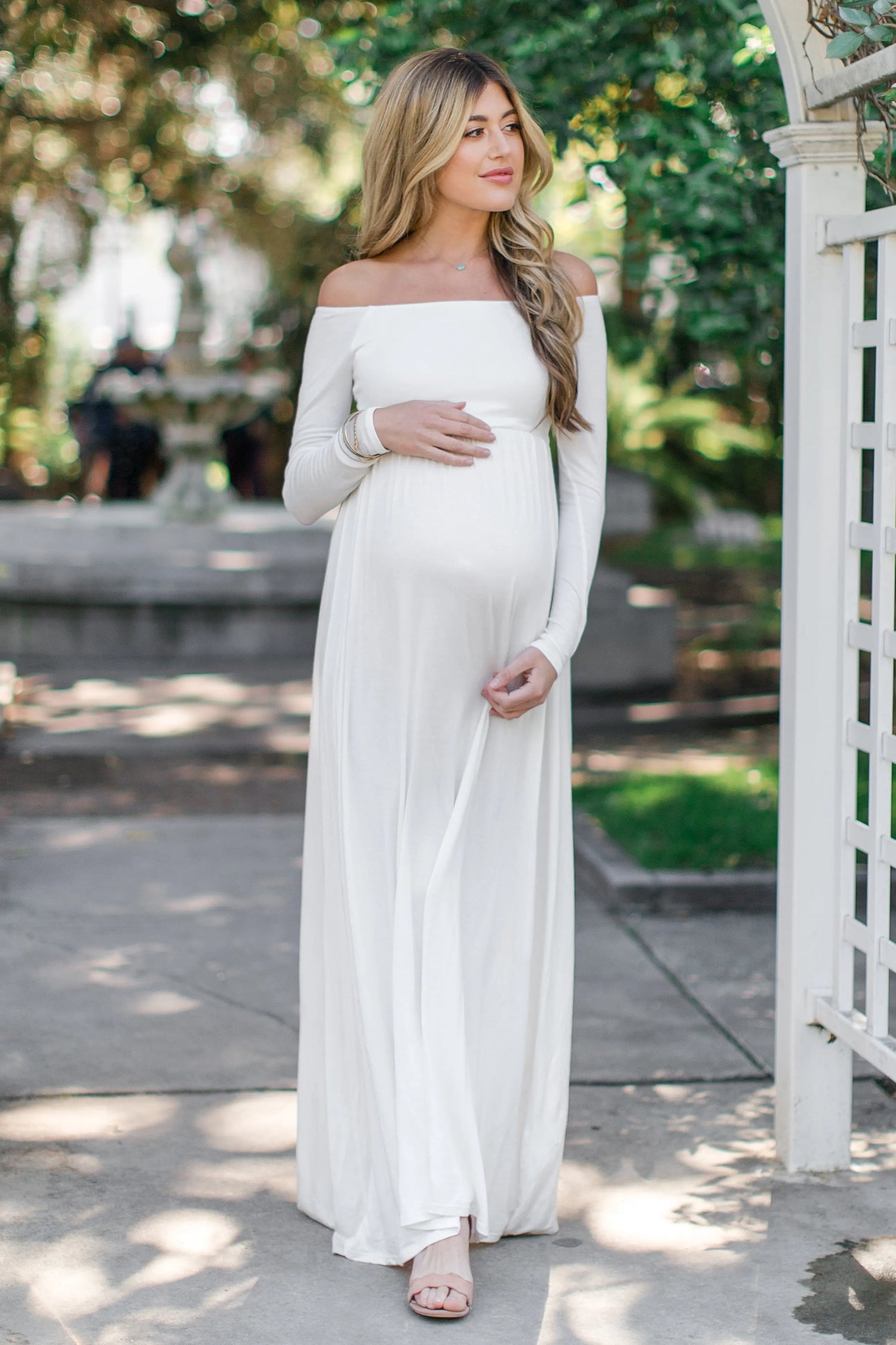 PinkBlush Petite Ivory Solid Off Shoulder Maternity Maxi Dress PinkBlush 