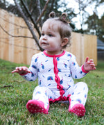 Baby snap footie pajamas in peacock blue with front snaps and footed legs