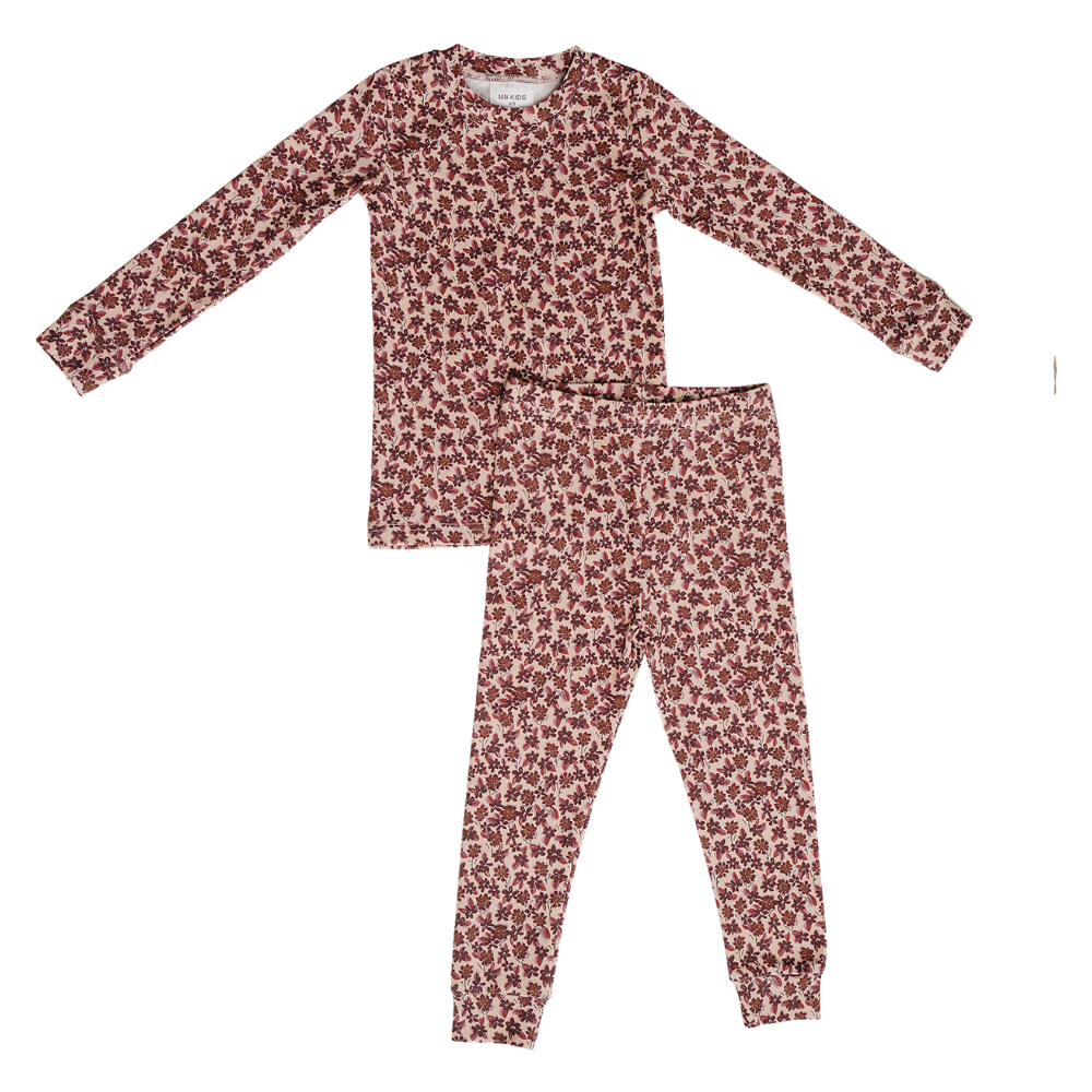 Two-piece baby set with a long sleeve top and matching bottoms in an antique floral print.