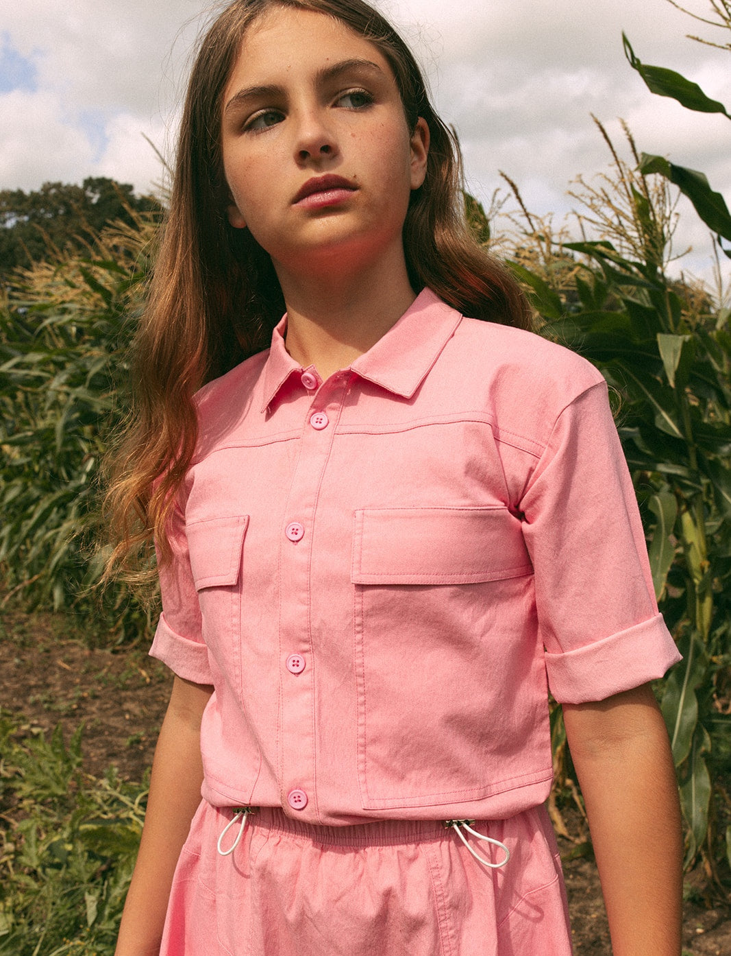 Crew Kids NY Boxy Button Up Shirt With Elbow Sleeve Front Pocket Pink For Kids
