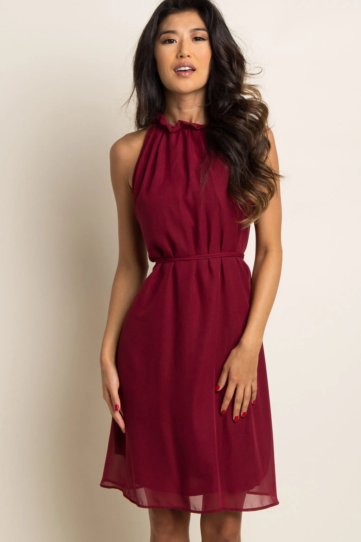 Burgundy Chiffon Maternity Dress with Ruffle Trim for Elegant Moms - Everetts Place