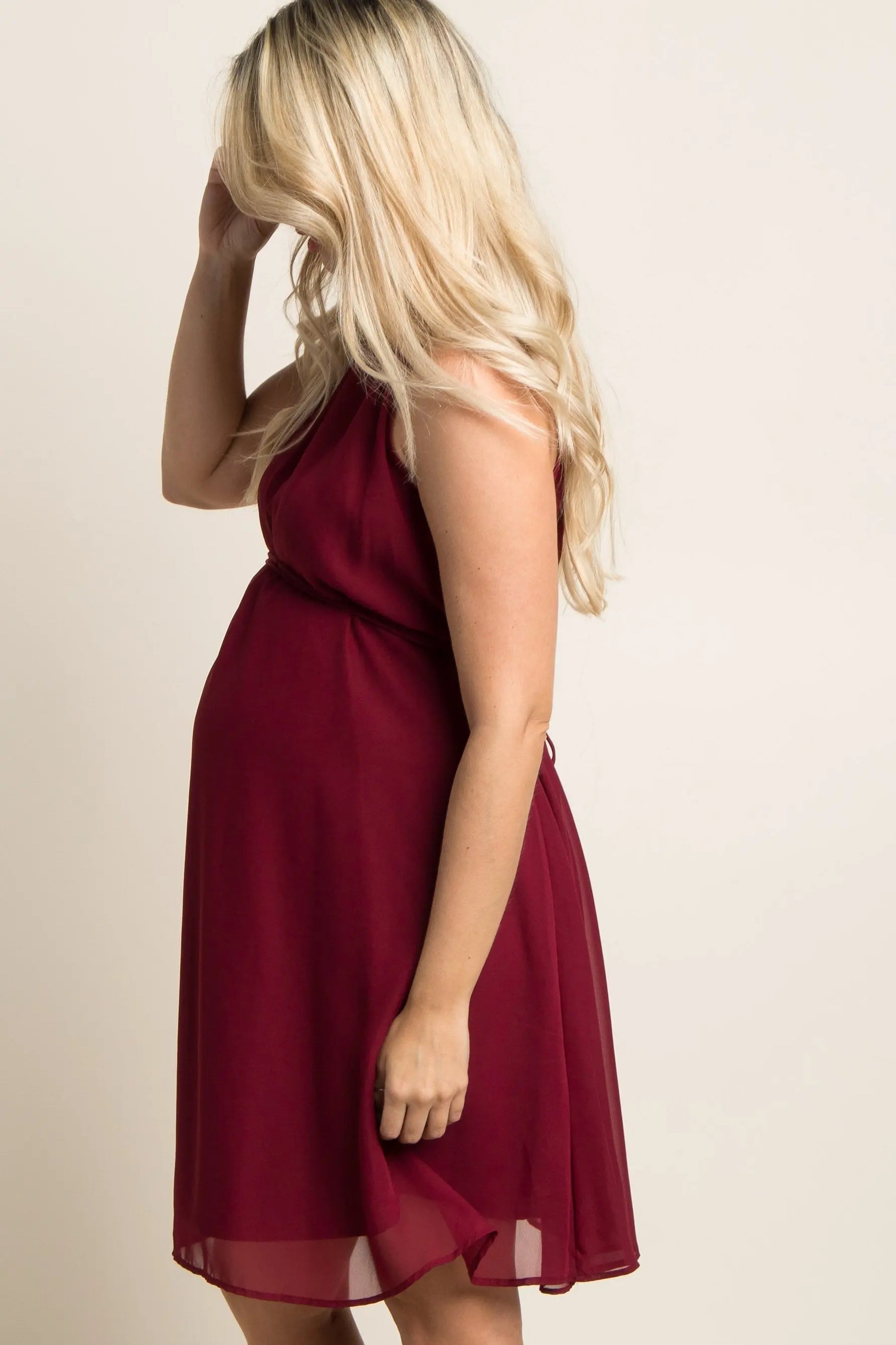 Burgundy Chiffon Maternity Dress with Ruffle Trim for Elegant Moms - Everetts Place