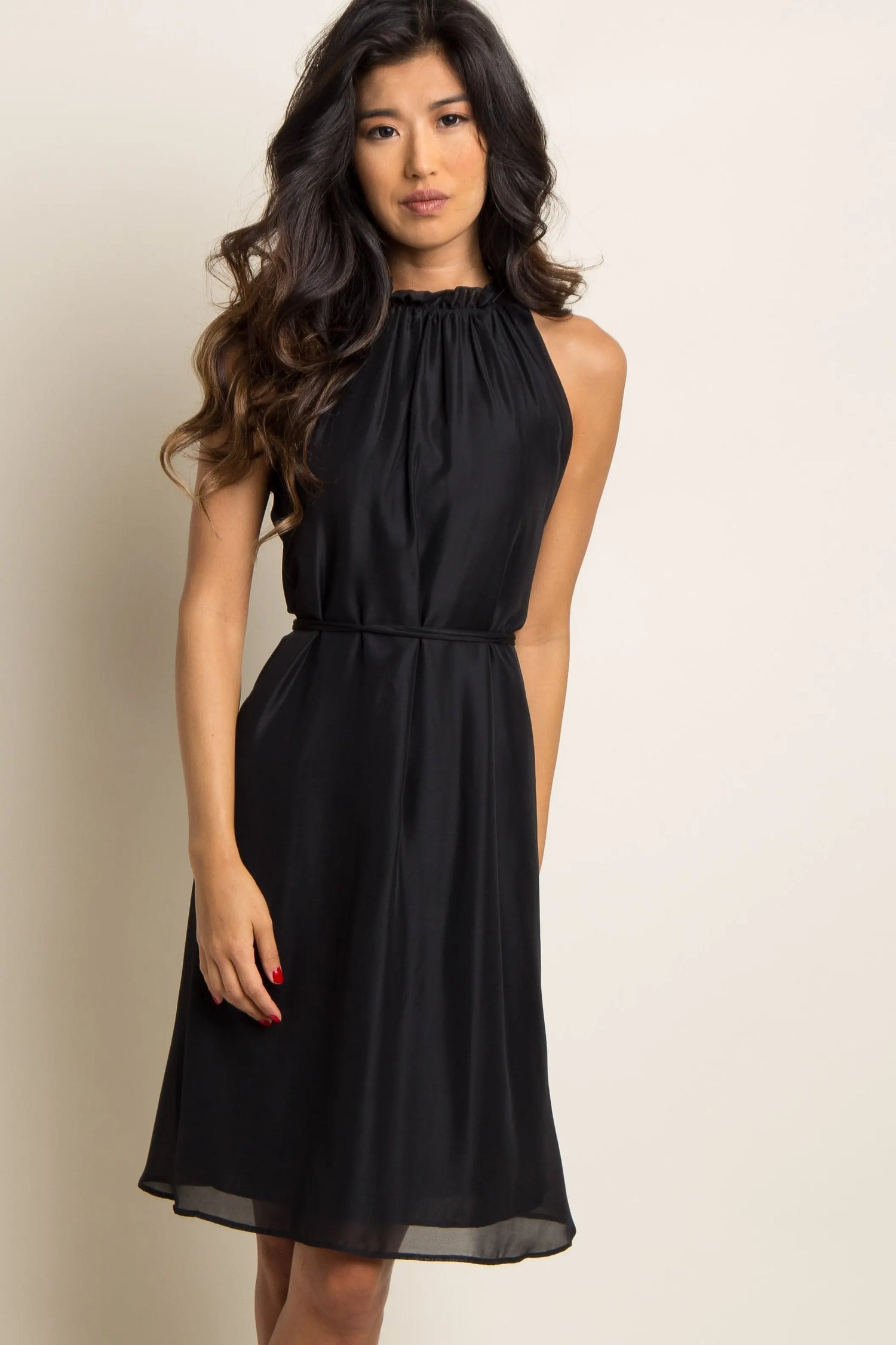 PinkBlush Black Chiffon High Neck Dress with Ruffle Trim for Modern Women - Everetts Place