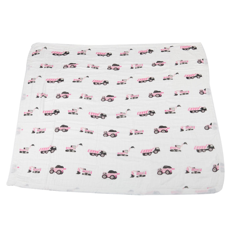 Pink digger pattern on white bamboo muslin blanket for kids, 47"x47", 100% natural fibers.